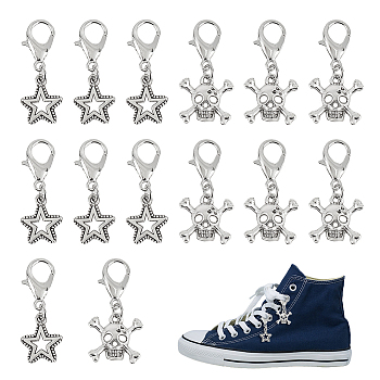 24Pcs 2 Styles Skull Star Alloy Pendant Decorations, with Alloy Lobster Claw Clasps, Antique Silver & Platinum, 30mm, Pendant: 15mm, 12pcs/style
