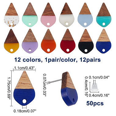 superfindings 12 paires 12 couleurs boucles d'oreilles en résine transparente et opaque et bois de noyer(RESI-FH0001-42)-4