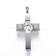 304 Stainless Steel Pendants, Cross, with Cubic Zirconia, Stainless Steel Color, 25x13x6.5mm, Hole: 3mm(STAS-H329-60P)