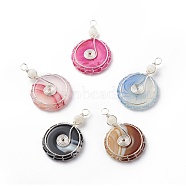 Natural Striped Agate/Banded Agate Pendants, Dyed, with Natural Moonstone Beads and Eco-Friendly Copper Wire Wrapped, Donut/Pi Disc Charm, Mixed Color, Silver, 46.5x30x6.5mm, Hole: 4mm(PALLOY-JF01821-02)