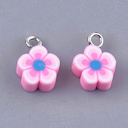 Handmade Polymer Clay Charms, with Iron Findings, Flower, Platinum, Pearl Pink, 13.5x9.5~10x4~4.5mm, Hole: 1.8mm(CLAY-S091-103)