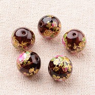 Flower Picture Printed Glass Round Beads, Purple, 12mm, Hole: 1mm(GLAA-J087-12mm-A04)