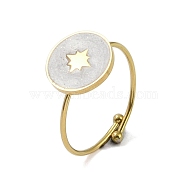 Flat Round with Star 304 Stainless Steel Enamel Ring, 316 Surgical Stainless Steel Open Cuff Ring for Women, Real 18K Gold Plated, WhiteSmoke, Adjustable(RJEW-A038-16G-01)