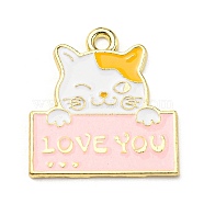 Zinc Alloy Pendants, Light Gold, Cat with Word Love You Charm, Pink, 24.5x23.5x1.5mm, Hole: 2.2mm(ENAM-I058-A01)