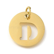 Ion Plating(IP) 304 Stainless Steel Pendants, with Jump Ring, Laser Cut, Flat Round with Letter Charm, Real 18K Gold Plated, Letter D, 20x1mm, Hole: 4.5mm(STAS-M074-01G-D)