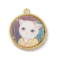 Alloy Pendant, Flat Round with Cat Pattern, Gold, 23.5x20.5x3mm, Hole: 1.8mm(FIND-C041-01B-G)