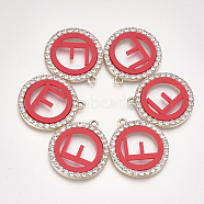 Acrylic Pendants, with Crystal Rhinestone and Alloy Findings, Flat Round with Letter, Light Gold, Red, Letter.F, 28x25x3mm, Hole: 2mm(PALLOY-T070-26D-F)