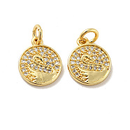 Flat Round with Swan Pattern Brass Micro Pave Clear Cubic Zirconia Charms, with Jump Rings, Cadmium Free & Lead Free, Golden, 13x10.5x1.4mm, Hole: 3mm(KK-G425-22G)