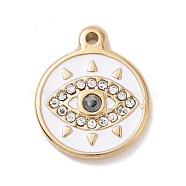 304 Stainless Steel Pendants, with Rhinestone and Enamel, Flat Round with Horse Eye, Golden, White, 18.5x15x3mm, Hole: 1.4mm(STAS-A063-11G)