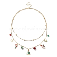Brass Satellite Chains Double Layer Necklace, Candy Cane & Tree & Santa Claus Alloy Enamel Charms Christmas Necklace for Women, Colorful, 15.75 inch(40cm)(NJEW-TA00072)