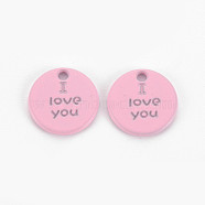 Spray Painted Alloy Charms for Valentine's Day, Cadmium Free & Lead Free, Flat Round with Phrase I Love You, Pearl Pink, 13x13x1.5mm, Hole: 1.6mm(PALLOY-Q433-027B-RS)