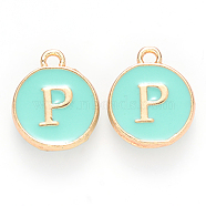 Golden Plated Alloy Enamel Charms, Cadmium Free & Lead Free, Enamelled Sequins, Flat Round with Letter, Turquoise, Letter.P, 14x12x2mm, Hole: 1.5mm(ENAM-S118-05P)