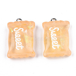 Transparent Resin Pendants, with Paillette & Platinum Tone Iron Peg Bail, Candy with Word Sweet, Sandy Brown, 29x18.5x8mm, Hole: 2mm(X-RESI-S356-54A-03)