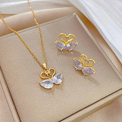 Brass Micro Pave Cubic Zirconia Pendant Necklace & Stud Earrings, Stainless Steel Chain Necklace, Golden, Swan, 400mm(WG7AC39-58)