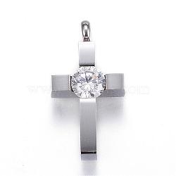 304 Stainless Steel Pendants, Cross, with Cubic Zirconia, Stainless Steel Color, 25x13x6.5mm, Hole: 3mm(STAS-H329-60P)