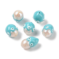 Natural Cultured Freshwater Pearl Enamel Beads, Hand Drawn Beads, Potato with Evil Eye Pattern, Dark Turquoise, 15.5~18x13.5~15x13.5~15mm, Hole: 0.8mm(PEAR-G014-05B)