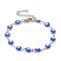 Enamel Oval with Evil Eye Link Chains Bracelet, 304 Stainless Steel Jewelry for Women, Stainless Steel Color, Blue, 6-1/2 inch(16.5cm)(BJEW-P271-04P-04)