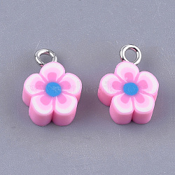 Handmade Polymer Clay Charms, with Iron Findings, Flower, Platinum, Pearl Pink, 13.5x9.5~10x4~4.5mm, Hole: 1.8mm(CLAY-S091-103)