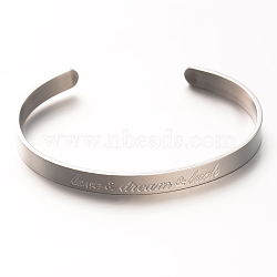 Love & Dream & Luck 304 Stainless Steel Cuff Bangles, Stainless Steel Color, 60x45mm(BJEW-N263-01)