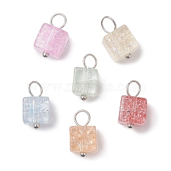 Crackle Glass Charms, with Silver Iron Findings, Cube Charms, Mixed Color, 12x6x6.5mm, Hole: 2.5mm(PALLOY-JF02896)