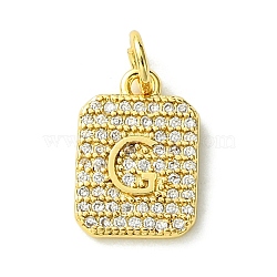 Rack Plating Brass Micro Pave Clear Cubic Zirconia Charms, Long-Lasting Plated, Lead Free & Cadmium Free, Rectangle with Letter Pattern, with Jump Ring, Real 18K Gold Plated, Letter G, 14x9.5x2mm, Hole: 3mm(KK-G501-01G-G)