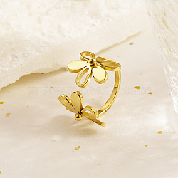 Adjustable 304 Stainless Steel Cuff Rings for Women, Real 18K Gold Plated, Flower, 16mm, US Size 7(17.3mm)(ON6968-2)