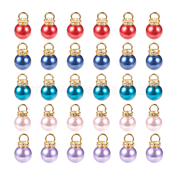 Acrylic Imitation Pearl Pendants, with Rhinestone Beads and Iron Findings, Golden, Round, Mixed Color, 19~20x12mm, Hole: 4.5mm, 10pcs/color, 50pcs/set(IFIN-PH0023-63G)