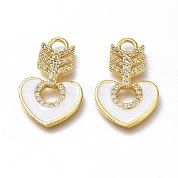 Brass Micro Pave Cubic Zirconia Pendants, with Enamel, Long-Lasting Plated, Heart, Golden, White, 22x14x2.5mm, Hole: 2.5mm(ZIRC-H102-04C-G)