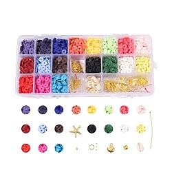 DIY Jewelry Kits, with Handmade Polymer Clay Heishi Beads, Alloy Pendants, Elastic Thread, Brass Spacer Beads & Ball Head Pins & Jump Rings, Cowrie Shell Beads and Scissors, Golden, 8x0.5~1mm, Hole: 2mm, about 5040~5400pcs/set(DIY-SZ0001-03-8mm)