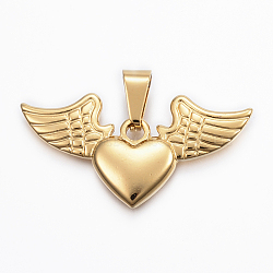 304 Stainless Steel Pendants,  Heart with Wing, Golden, 20x40x3mm, Hole: 9x5mm(X-STAS-H372-38G)