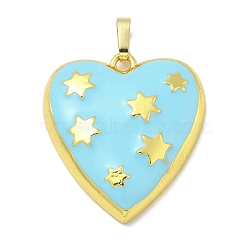 Rack Plating Brass Enamel Pendants, Long-Lasting Plated, Lead Free & Cadmium Free, Heart with Star Charms, Real 18K Gold Plated, Deep Sky Blue, 27x24x5.5mm, Hole: 3.5x5mm(KK-L224-046G-04)