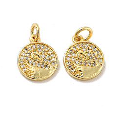 Flat Round with Swan Pattern Brass Micro Pave Clear Cubic Zirconia Charms, with Jump Rings, Cadmium Free & Lead Free, Golden, 13x10.5x1.4mm, Hole: 3mm(KK-G425-22G)