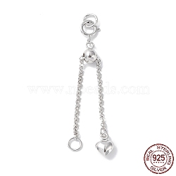 Rhodium Plated 925 Sterling Silver Ends with Chains, with Spring Clasps, Slide Bead, Jump Ring and Heart Charms, Real Platinum Plated, 39mm, Hole: 2.6mm(STER-P050-05P)