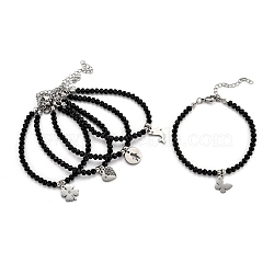 304 Stainless Steel Charm Bracelets, with Rhinestone and Rondelle Glass Beads, Faceted, Mixed Shapes, Black, Stainless Steel Color, 6-7/8 inch(17.6cm)(BJEW-I292-30M-P)