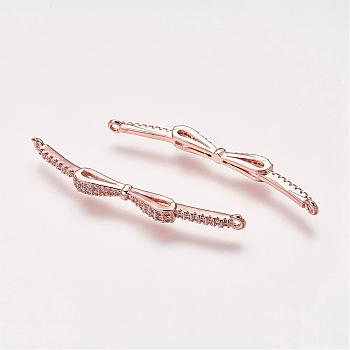 Brass Micro Pave Cubic Zirconia Links, Bowknot, Rose Gold, 39x3x3.5mm, Hole: 1mm
