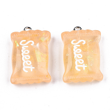 Transparent Resin Pendants, with Paillette & Platinum Tone Iron Peg Bail, Candy with Word Sweet, Sandy Brown, 29x18.5x8mm, Hole: 2mm