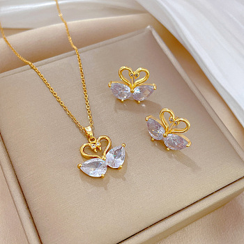 Brass Micro Pave Cubic Zirconia Pendant Necklace & Stud Earrings, Stainless Steel Chain Necklace, Golden, Swan, 400mm