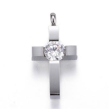 304 Stainless Steel Pendants, Cross, with Cubic Zirconia, Stainless Steel Color, 25x13x6.5mm, Hole: 3mm