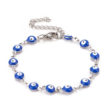 Enamel Oval with Evil Eye Link Chains Bracelet, 304 Stainless Steel Jewelry for Women, Stainless Steel Color, Blue, 6-1/2 inch(16.5cm)