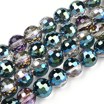 Transparent Electroplate Glass Bead Strands, AB Color Plated, Faceted(96 Facets), Round, Teal, 8mm, Hole: 1.4mm, about 70pcs/strand, 19.88 inch~20.67 inch(50.5~52.5cm)