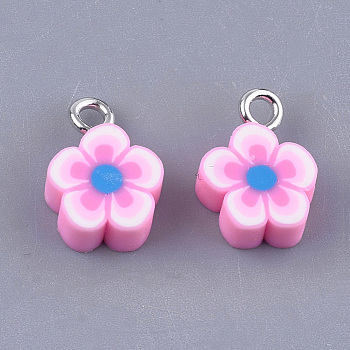 Handmade Polymer Clay Charms, with Iron Findings, Flower, Platinum, Pearl Pink, 13.5x9.5~10x4~4.5mm, Hole: 1.8mm