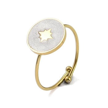 Flat Round with Star 304 Stainless Steel Enamel Ring, 316 Surgical Stainless Steel Open Cuff Ring for Women, Real 18K Gold Plated, WhiteSmoke, Adjustable
