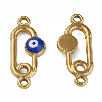 304 Stainless Steel Enamel Connector Charms, Golden, Oval with Evil Eye, Dark Blue, 23x10x3mm, Hole: 1.6mm