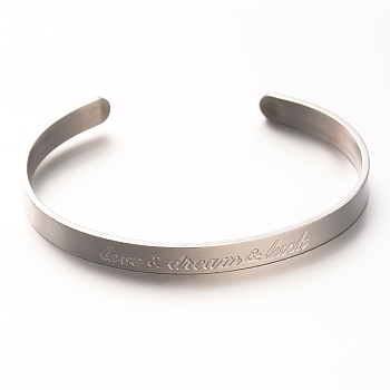 Love & Dream & Luck 304 Stainless Steel Cuff Bangles, Stainless Steel Color, 60x45mm