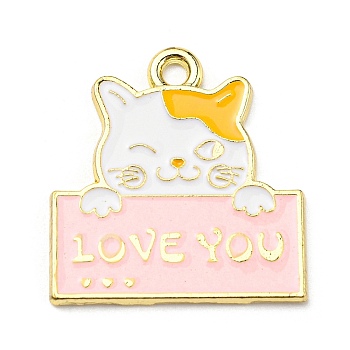 Zinc Alloy Pendants, Light Gold, Cat with Word Love You Charm, Pink, 24.5x23.5x1.5mm, Hole: 2.2mm