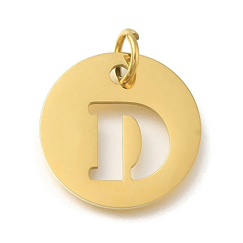 Ion Plating(IP) 304 Stainless Steel Pendants, with Jump Ring, Laser Cut, Flat Round with Letter Charm, Real 18K Gold Plated, Letter D, 20x1mm, Hole: 4.5mm