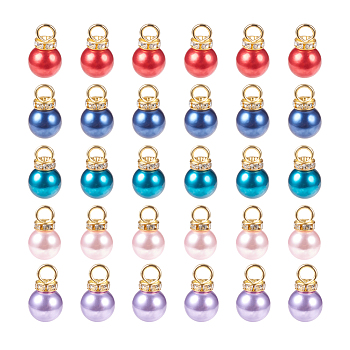 Acrylic Imitation Pearl Pendants, with Rhinestone Beads and Iron Findings, Golden, Round, Mixed Color, 19~20x12mm, Hole: 4.5mm, 10pcs/color, 50pcs/set