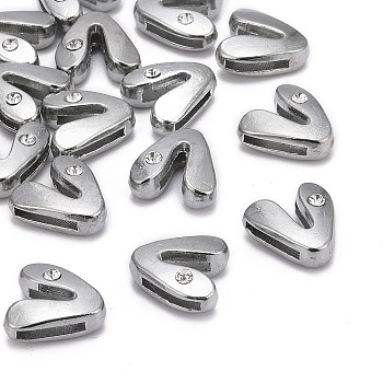 Letter Slider Beads for Watch Band Bracelet Making, Platinum Plated Alloy Crystal Rhinestone Slide Charms, Cadmium Free & Nickel Free & Lead Free, Letter.V, 11~13x9~11.5x4~5mm, Hole: 7.5~8x1mm