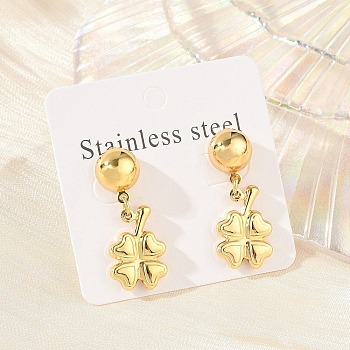 304 Stainless Steel Dangle Stud Earrings for Women, Clover, Golden, 28x13mm