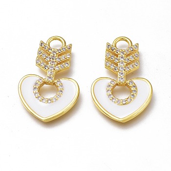 Brass Micro Pave Cubic Zirconia Pendants, with Enamel, Long-Lasting Plated, Heart, Golden, White, 22x14x2.5mm, Hole: 2.5mm